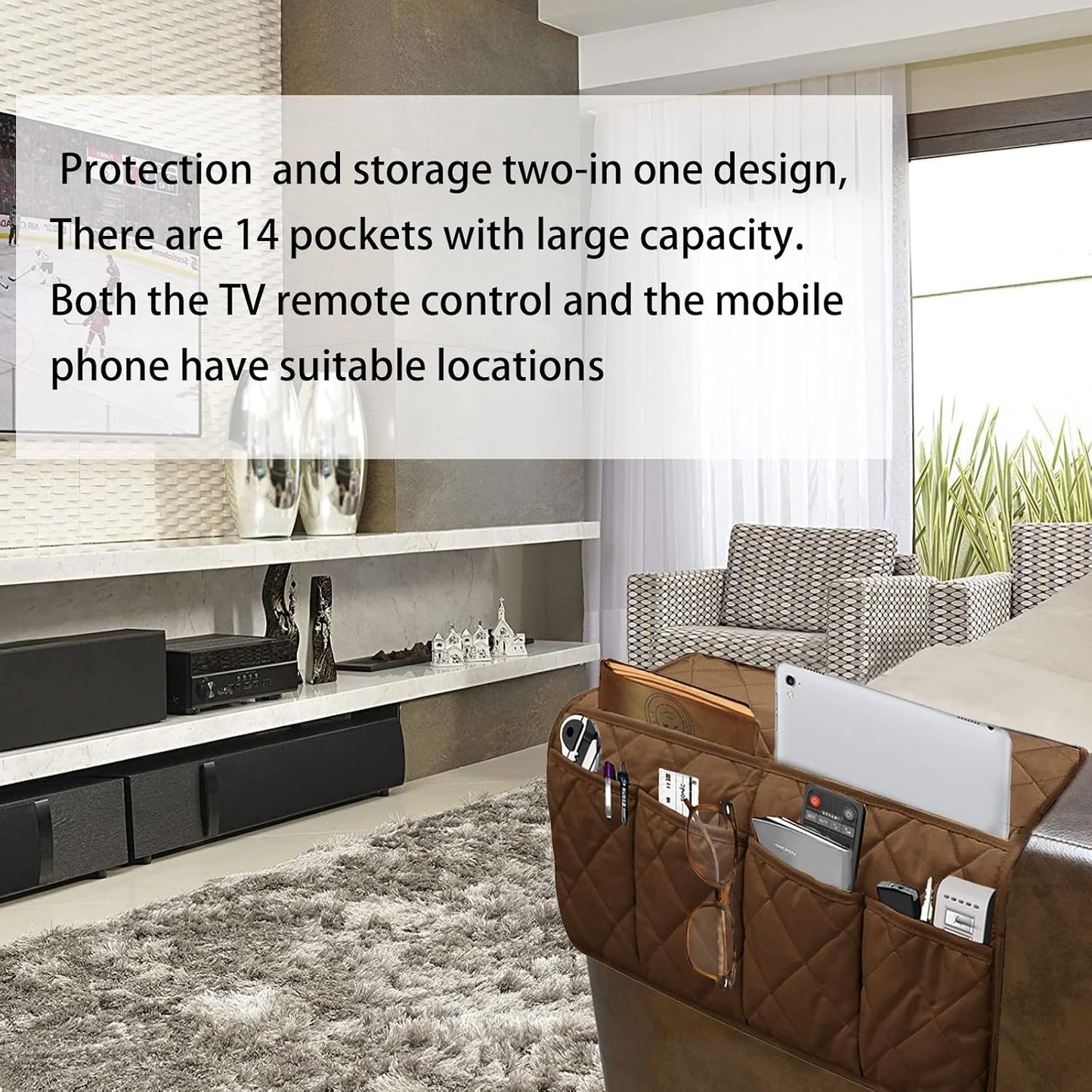 Armchair Caddy for Recliner - Sofa Armrest Organizer with 14 Pockets | Waterproof Remote Control Holder for Recliner, Non-Slip Chair Arm Storage for TV Remote, Phone, Books, Magazine, iPad