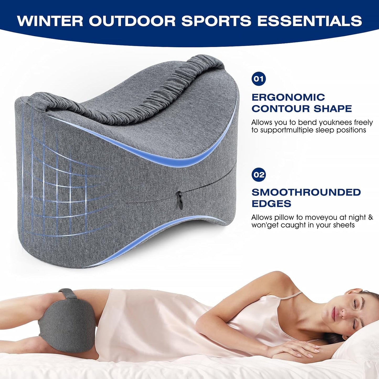 Knee Leg Pillow for Side Sleepers Leg Pillow for Side Sleeping with Strap-100% Memory Foam Wedge Contour Spacer Cushion for Back,Hip Knee Pregnancy Sciatica Pain Relief Free Sleep Mask Ear Plugs Grey