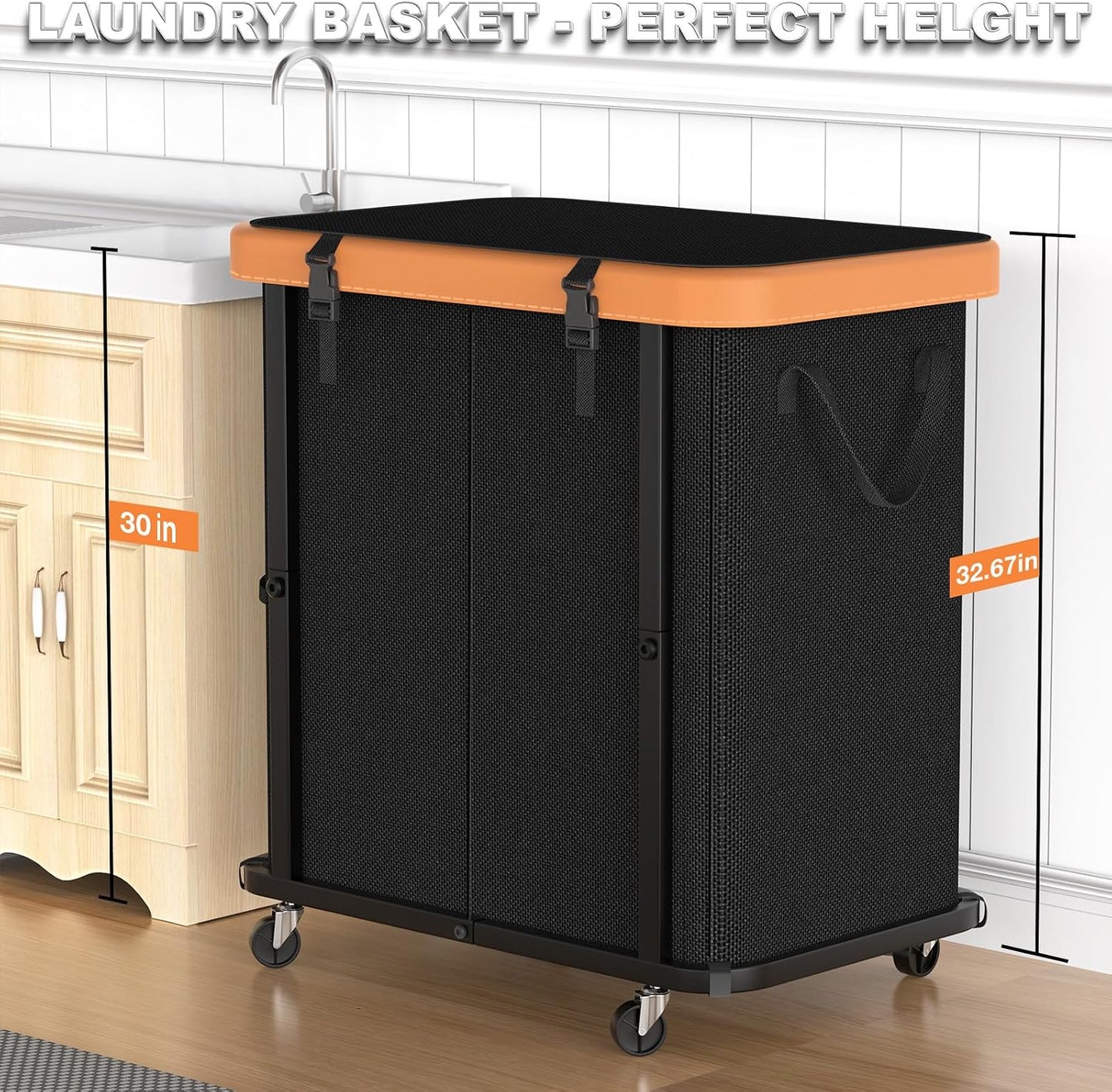 Laundry Hamper with Wheels,150L Leather Patchwork Clothes Hamper Black | Rolling Laundry Basket with Sturdy Metal Frame, Removable Washable Bag,Tall Clothes Sorter for Bedroom, Laundry Room, Dorm