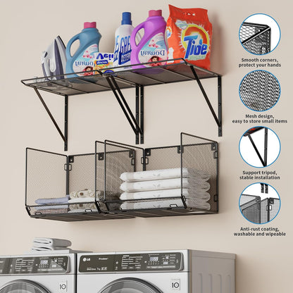 2 Pack Laundry Room Shelves Organization And Storage,Wall Mounted Clothes Drying Rack With Wire Mesh Basket Over Washer And Dryer,Large Capacity Floating Wall Shelf For Bathroom,Kitchen,Storeroom
