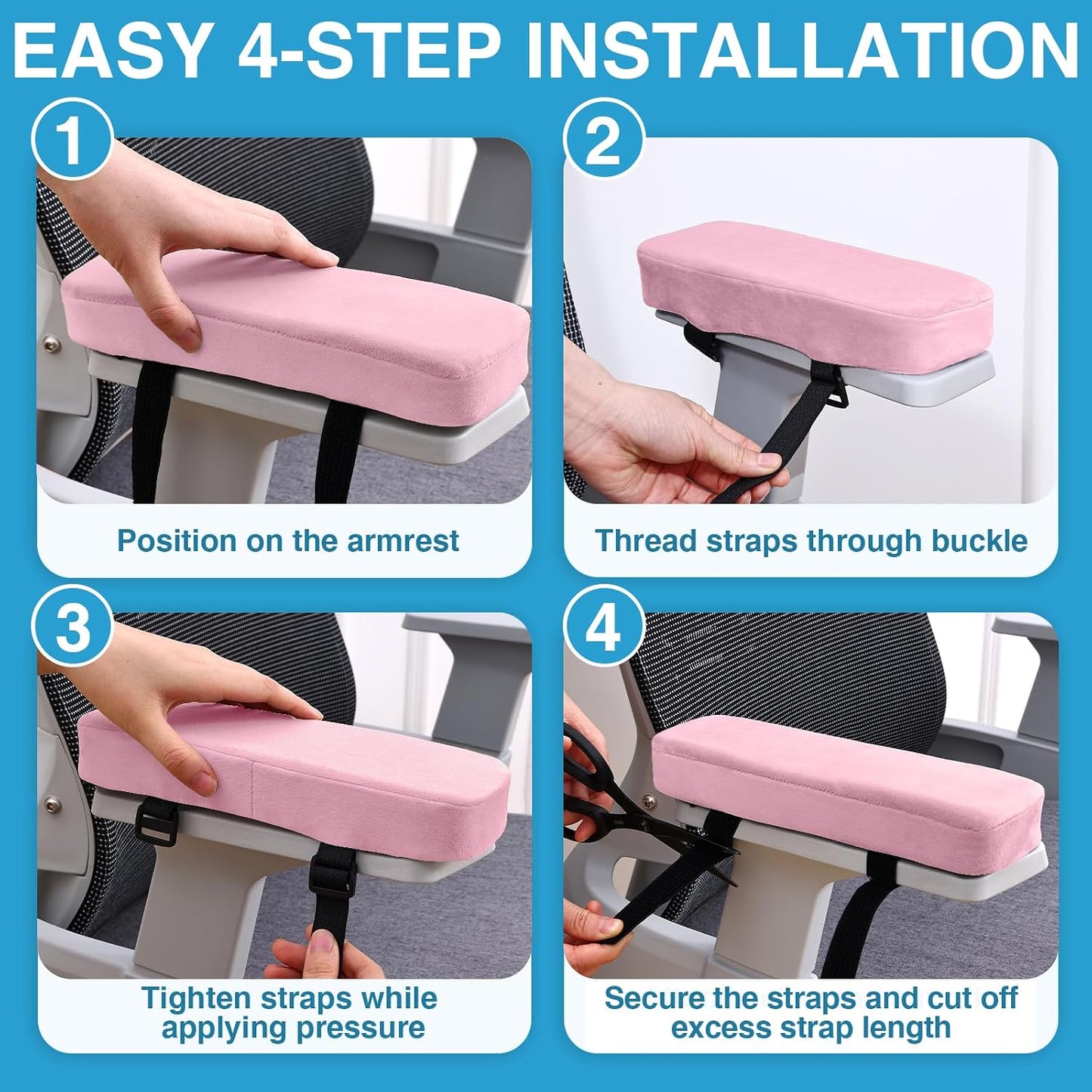 Smiry Memory Foam Office Chair Armrest Pads, Non-Slip Armrest Cushion | Ergonomic Arm Rest Pads with Adjustable Buckles and Straps, Elbow Relief for Desk, Gaming & Wheelchair, Black, Set of 2