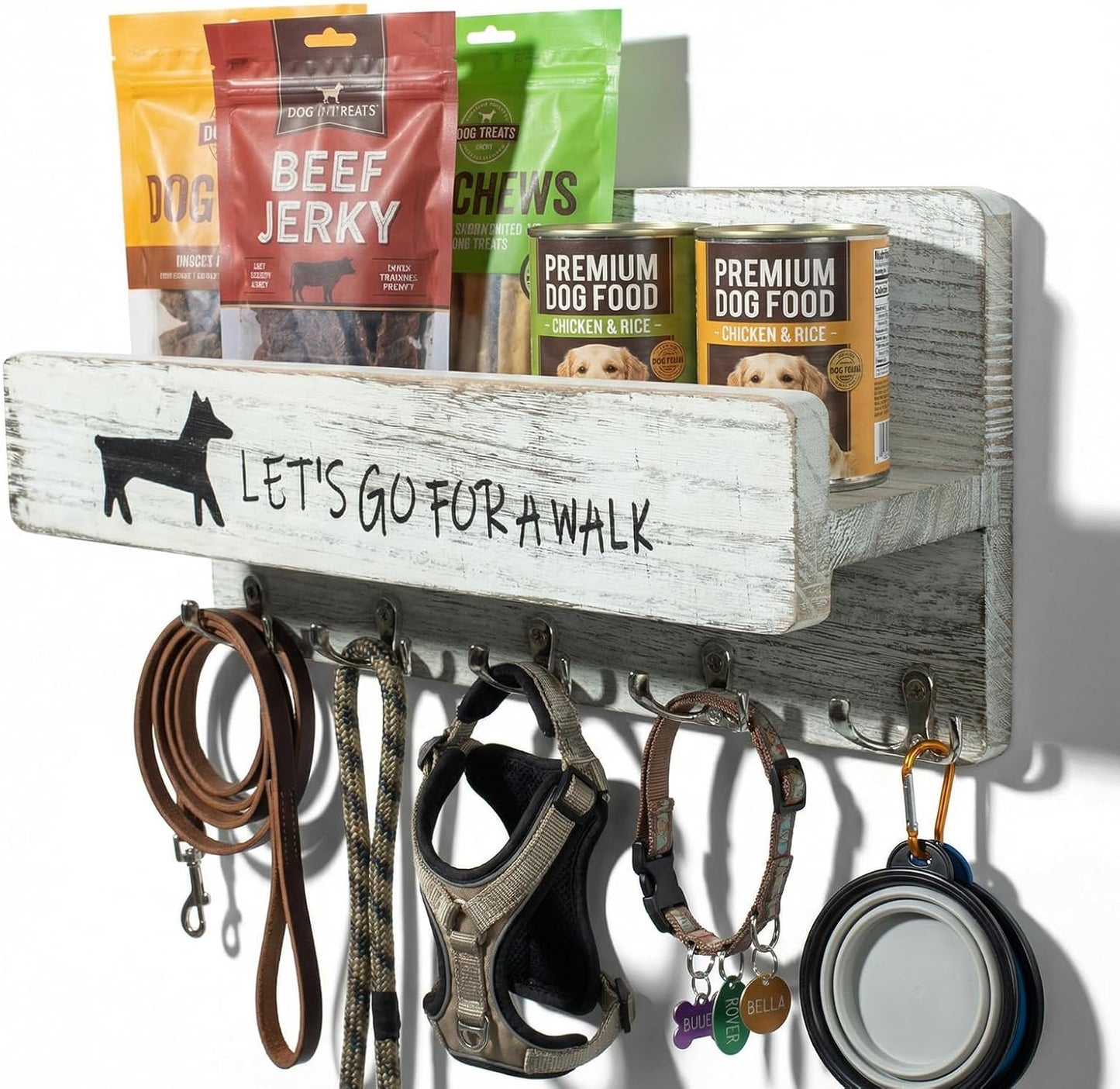 Wood Dog Leash Holder for Wall, Key Hanger with 5 Double Key Hooks | Dog Leash Hanger Wall Mounted for Entryway, Farmhouse Treats,35cm,Brown