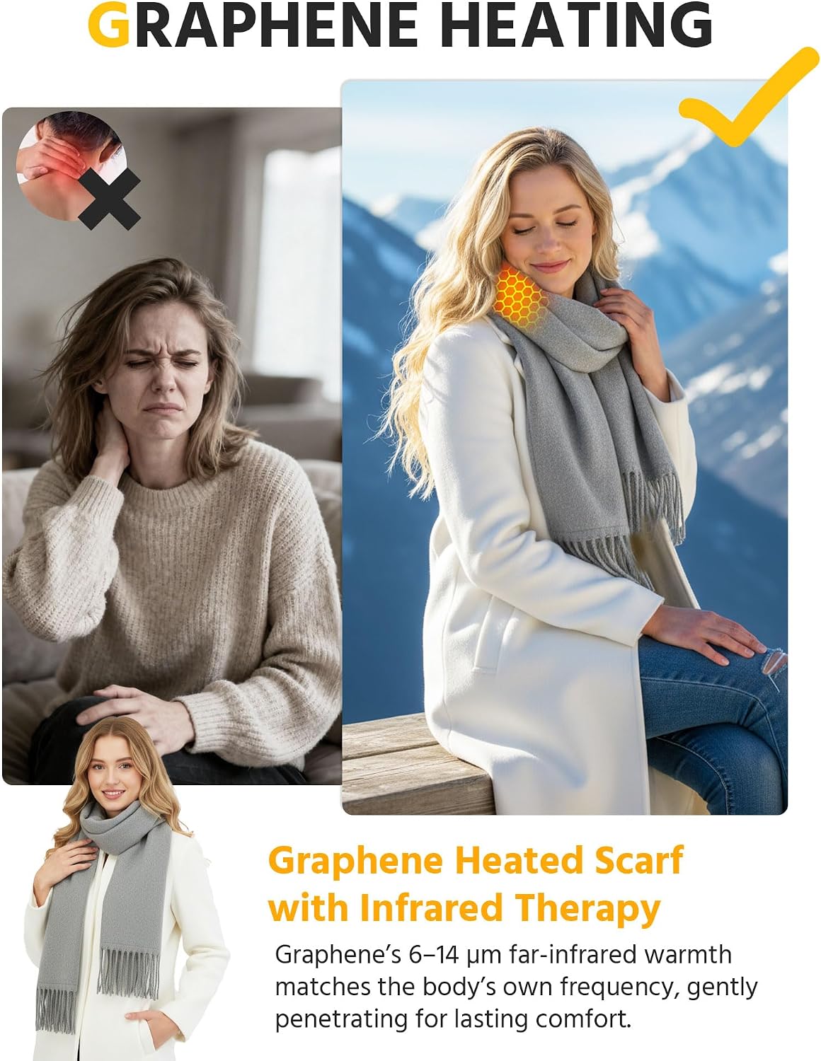 Wulcea Graphene Heated Scarf For Women 5V2A 6000mAh Fast Charge Large Capacity Battery
