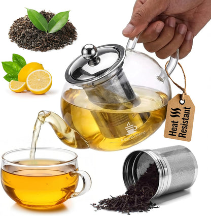 20 oz Clear Glass Teapot with Infuser, Borosilicate Stovetop Tea Pot | Borosilicate Glass, Stainless Steel Herbal Infuser, Heat Resistant, Kitchen Essentials, Loose Leaf Tea Maker with Handle
