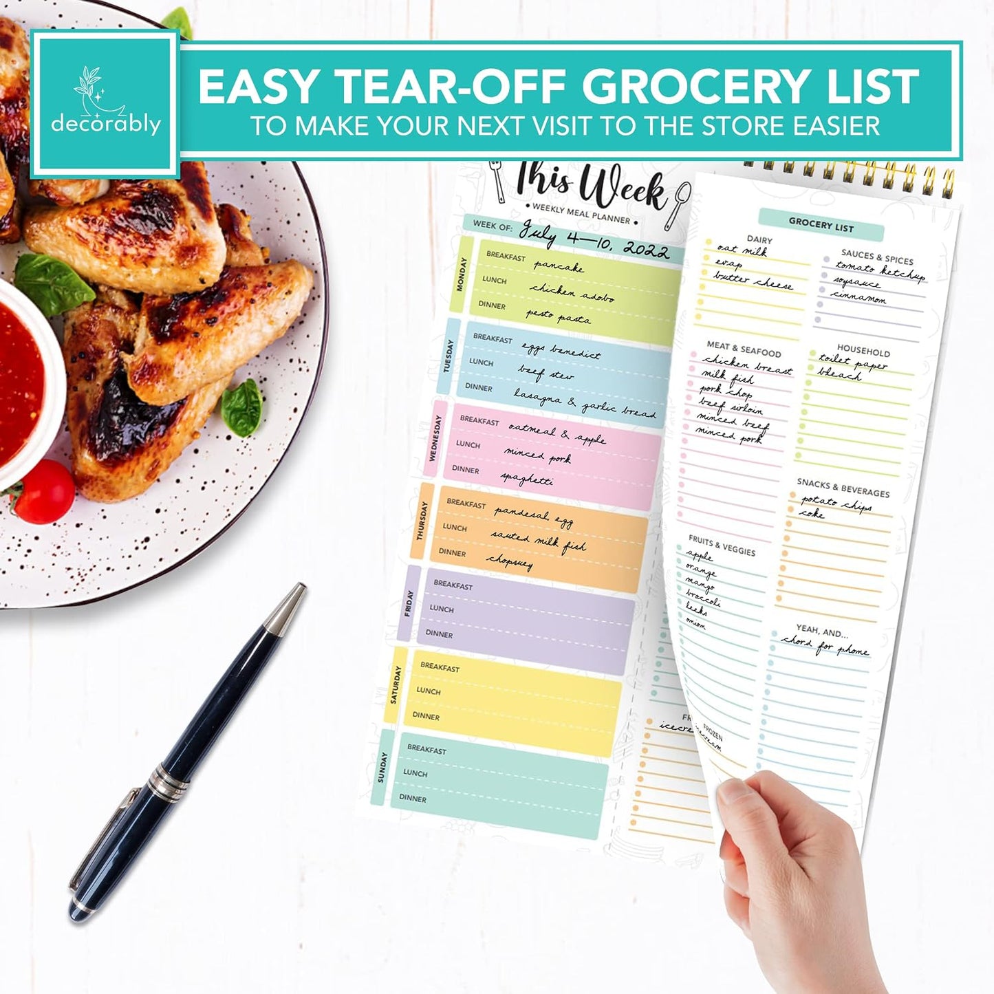 Decorably 52 Sheets Pastel Rainbow Undated Magnetic Weekly Meal Planner | 8.5x11in Grocery List Notepad Meal Planner with 4 Strong Magnets - Spring-Bound, Refrigerator Mountable, Easy Tear-Off Design