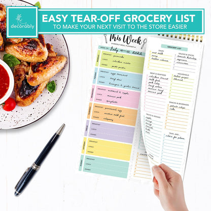 Decorably 52 Sheets Pastel Rainbow Undated Magnetic Weekly Meal Planner | 8.5x11in Grocery List Notepad Meal Planner with 4 Strong Magnets - Spring-Bound, Refrigerator Mountable, Easy Tear-Off Design
