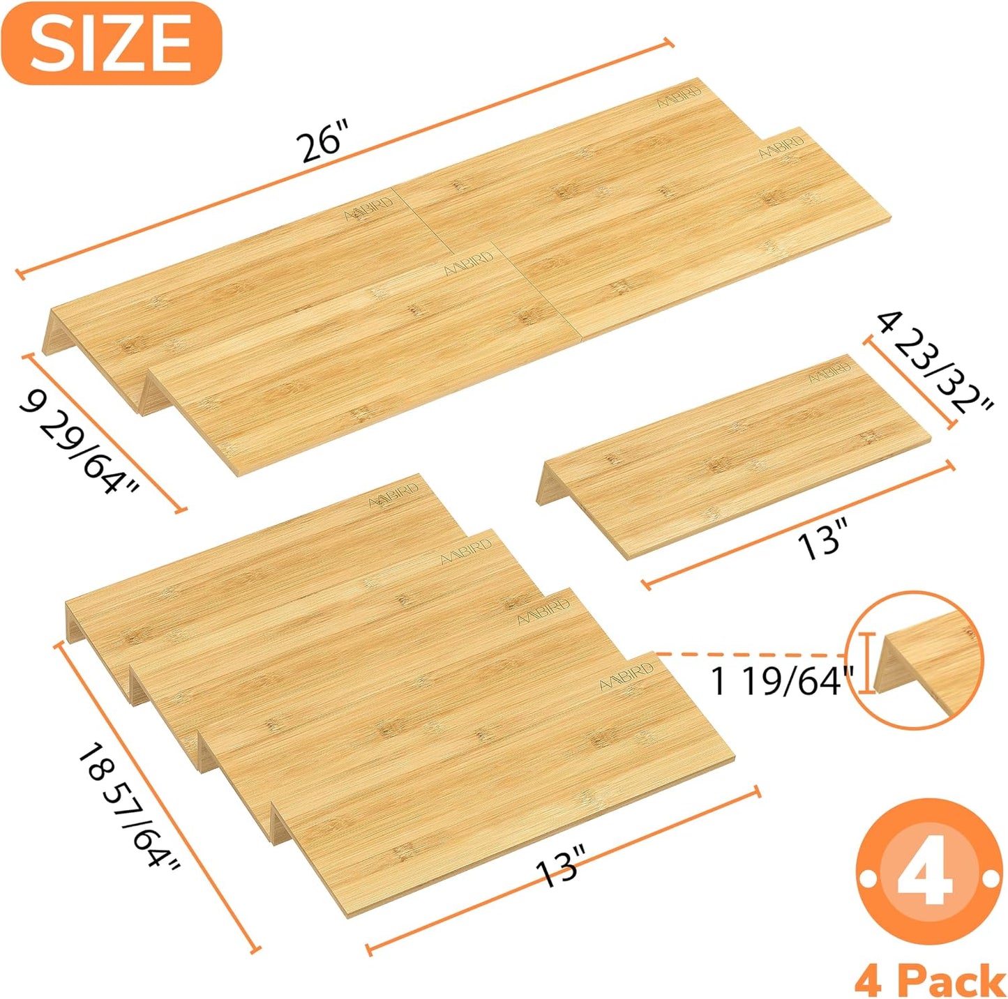 AMBIRD Bamboo Spice Drawer Organizer with Non-slip Mat,4 Tier - 2 Set Jar Spice Rack Tray From 9.5''to 19'', Seasoning Organizer for Kitchen,Cabinet,Drawers,Countertop
