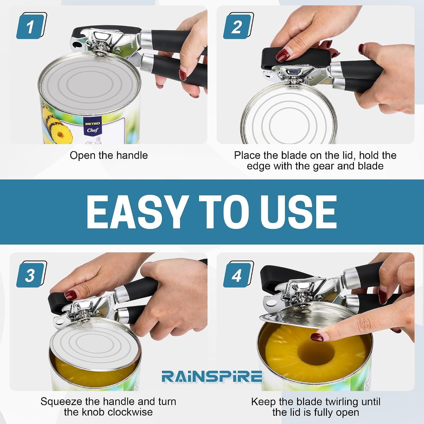 Rainspire Can Opener Manual Handheld Strong Manual Can Opener Smooth Edge Cut, Can Opener Heavy Duty, Comfortable Soft Handle, Built-in Bottle Opener, Turquoise