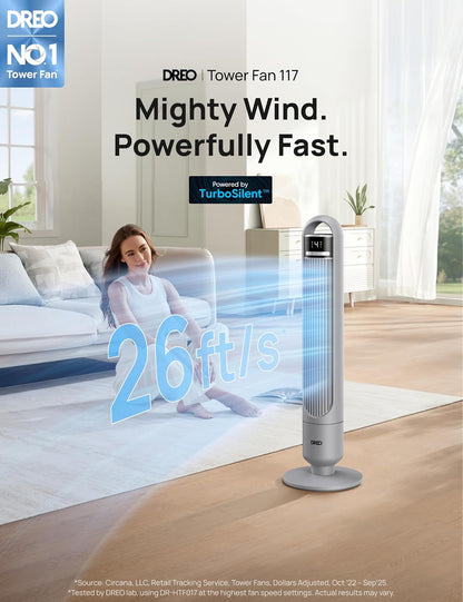 DREO Tower Fan for Bedroom, 26ft/s Velocity, 90° Oscillating, 8H Timer | 4 Speeds, 3 Modes, 28dB Quiet Standing Fan, Floor Fan for Room, Living Room, Office, Home, Cooling Fan with Remote, Black