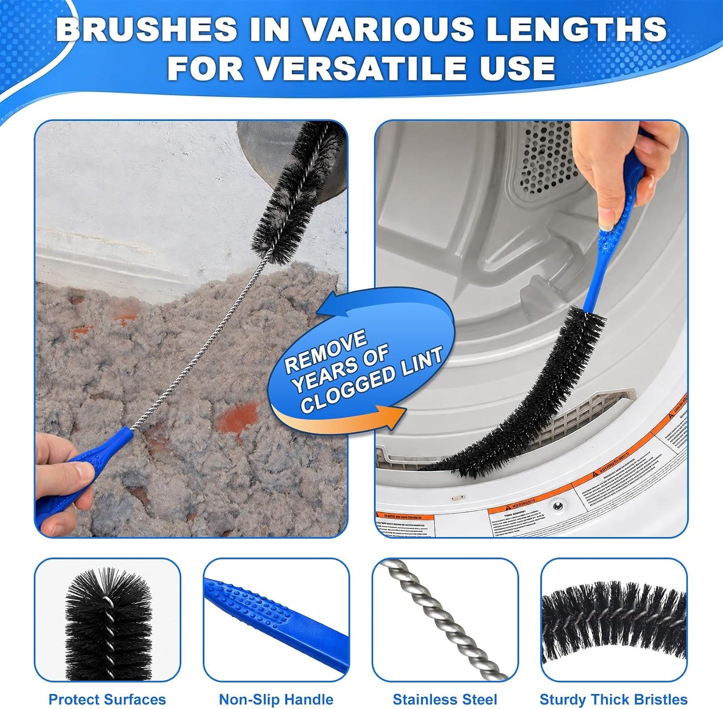 PetOde 5Pack Dryer Vent Cleaner Kit Vacuum Hose Attachment Blue 31.5" | Cleaning Brushes for Refrigerator Coils, Condenser, Window Tracks, Toilets