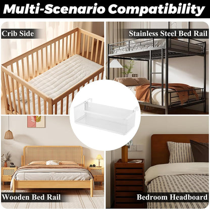 STARVAST 1 Pc Bedside Caddy Shelf, White Bed Shelf for Bunk Bed, Carbon Steel Dorm Room Essentials Organizer with 2 Hooks for Phone, Books, Snacks, Headphones and Rails