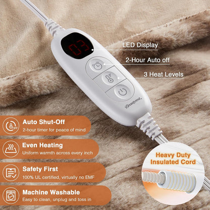 Beautyrest Long Brushed Faux Fur Ogee Textured Design Electric Blanket, Auto Shut Off, Virtually Zero EMF, Multi Heat Setting, UL Certified, Machine Washable, Grey Throw 50x60