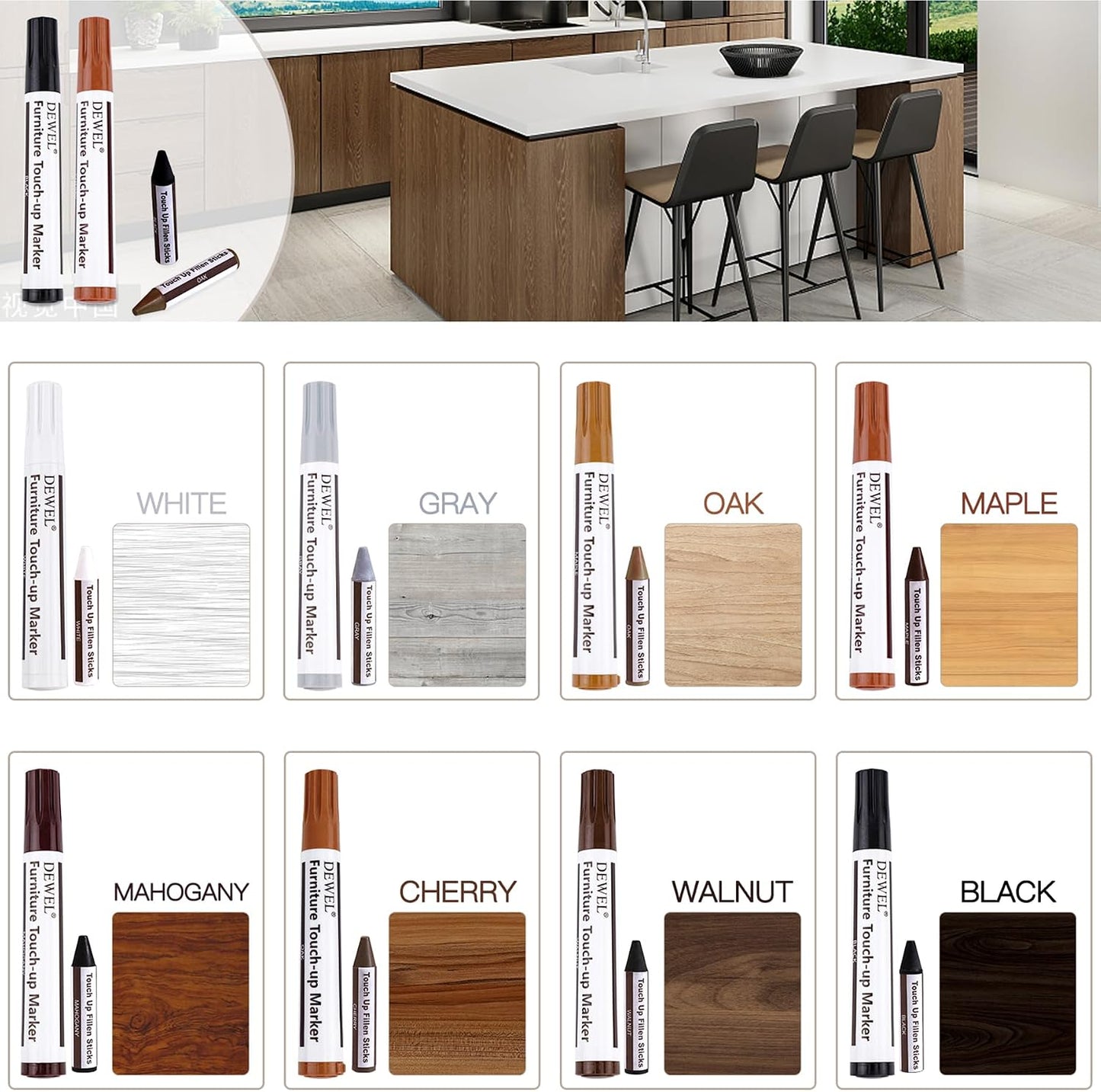 DEWEL Furniture Touch Up Markers, 17-Piece Wood Repair Kit with Wax Sticks | 8 Wood Touch Up Markers + 8 Wax Filler Sticks + Sharpener; Maple, Oak, Cherry, Walnut, Mahogany, White, Gray & Black