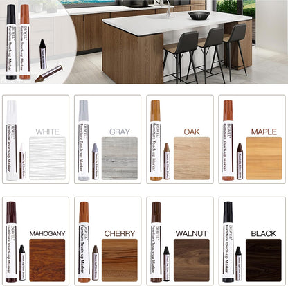 DEWEL Furniture Touch Up Markers, 17-Piece Wood Repair Kit with Wax Sticks | 8 Wood Touch Up Markers + 8 Wax Filler Sticks + Sharpener; Maple, Oak, Cherry, Walnut, Mahogany, White, Gray & Black