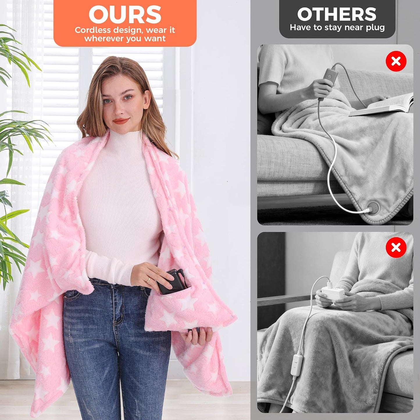 KSFJZF Heated Blanket, Cordless Portable Rechargeable Heated Throw Blanket | Battery Operated Heating Blanket with 20000mAh Power Bank, 59" x 35.5" Electric Heated Shawl, 3 Fast-Heating Levels (Pink)
