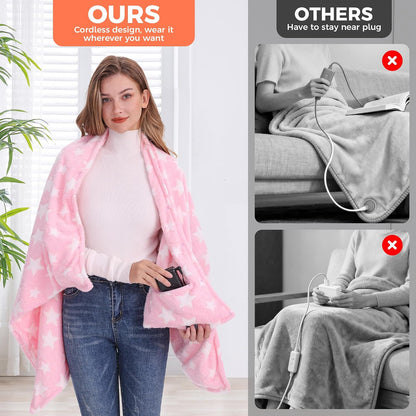KSFJZF Heated Blanket, Cordless Portable Heated Throw Blanket, Battery Operated Heating Blanket with Rechargeable 20000mAh Power Bank, 59" x 35.5" Electric Heated Shawl, 3 Fast-Heating Levels (Pink)
