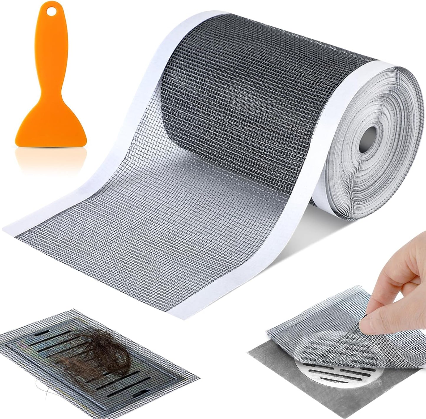 1 Pack Linear Shower Drain Hair Catcher Mesh Stickers Cutable | 4x33ft Disposable Adhesive Mesh Cover for Bathroom Kitchen Bathtub Floor Drains, DIY Install, Includes 2 Removal Tools