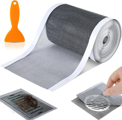 1 Pack Linear Shower Drain Hair Catcher Mesh Stickers Cutable | 4x33ft Disposable Adhesive Mesh Cover for Bathroom Kitchen Bathtub Floor Drains, DIY Install, Includes 2 Removal Tools