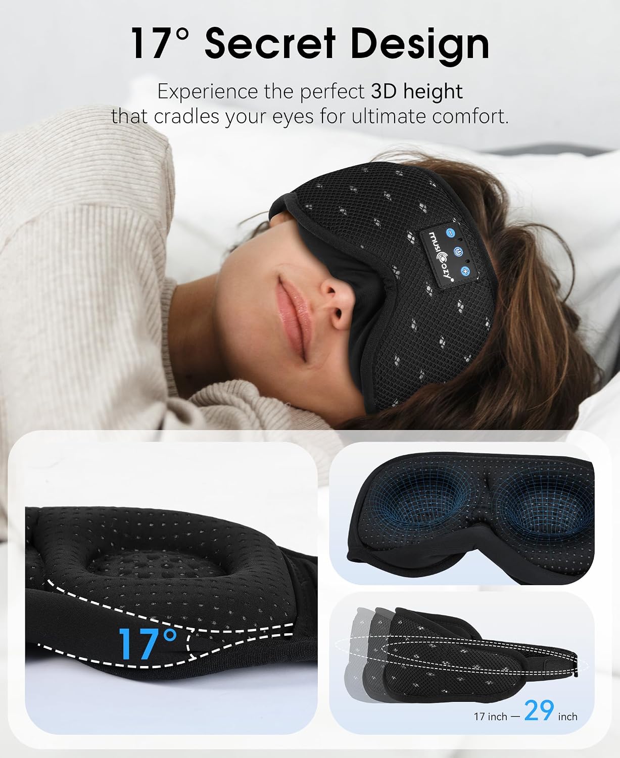 MUSICOZY Breathable Bluetooth Sleep Mask Headphones for Sleeping | Mesh Sleep Mask With Bluetooth 5.4 Audio, Soft Fabric And Comfortable Fit for Side Sleepers, Travel, Meditation and Rest