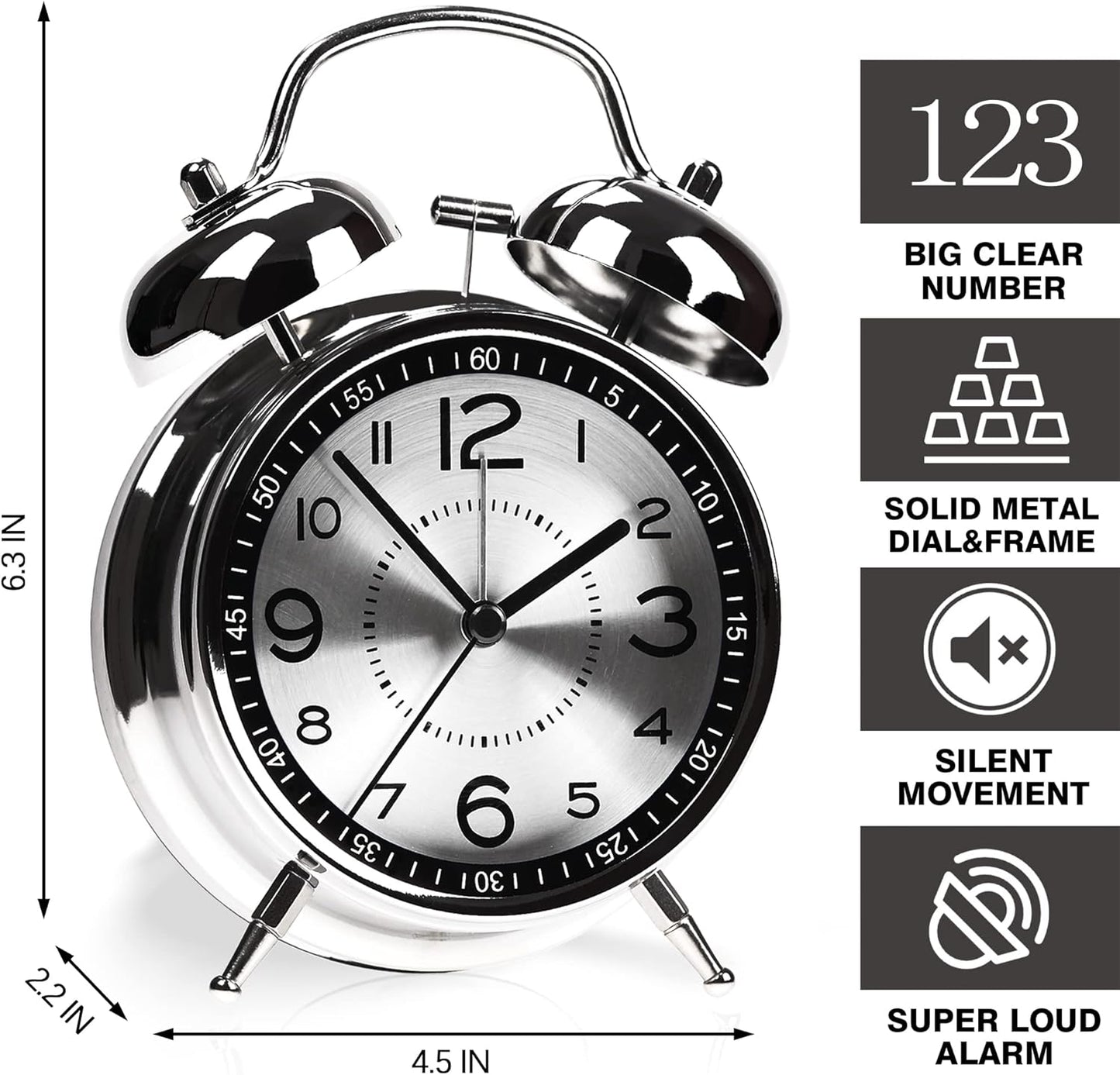 AYRELY® Super Loud Alarm Clock for Heavy Sleepers, 4.5 Inch Twin Bell Retro | Silent Non-Ticking Quartz with Backlight, Luminous Dial, Metal Alarm Clocks for Bedrooms and Bedside