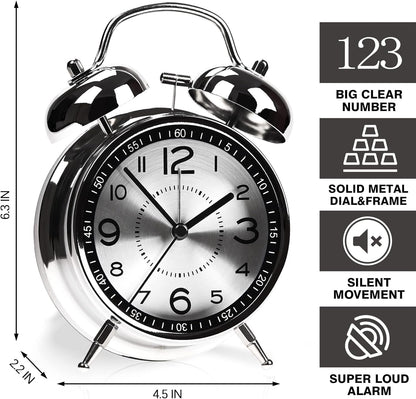 AYRELY® Super Loud Alarm Clock for Heavy Sleepers, 4.5 Inch Twin Bell Retro | Silent Non-Ticking Quartz with Backlight, Luminous Dial, Metal Alarm Clocks for Bedrooms and Bedside