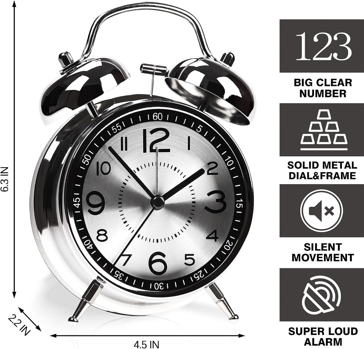 AYRELY® Super Loud Alarm Clock for Heavy Sleepers, 4.5 Inch Twin Bell Retro