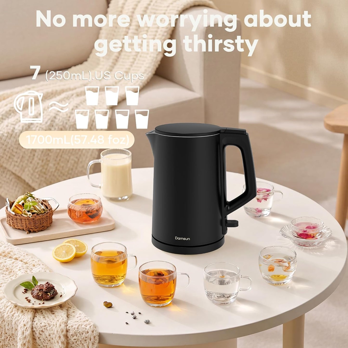 Damsun 1.7L Stainless Steel Electric Kettle, 1500W Rapid Boil, Black | No Plastic Contact with Water,Auto Shut-Off & Boil-Dry Protection,BPA Free 360 Rotatable Cordless Base