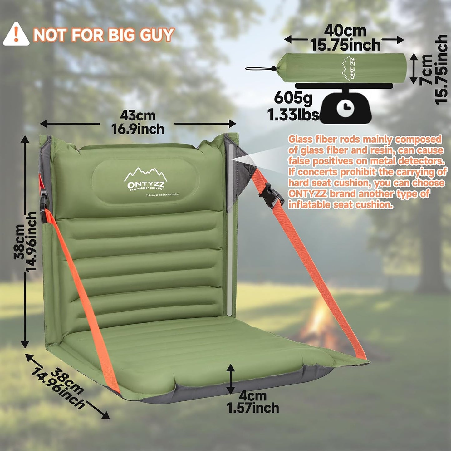 Stadium Seats with Back Support Inflatable Portable Folding Seat | Waterproof Cushion with Backrest for Sports Events Stadium and Camping, Black Heated Version