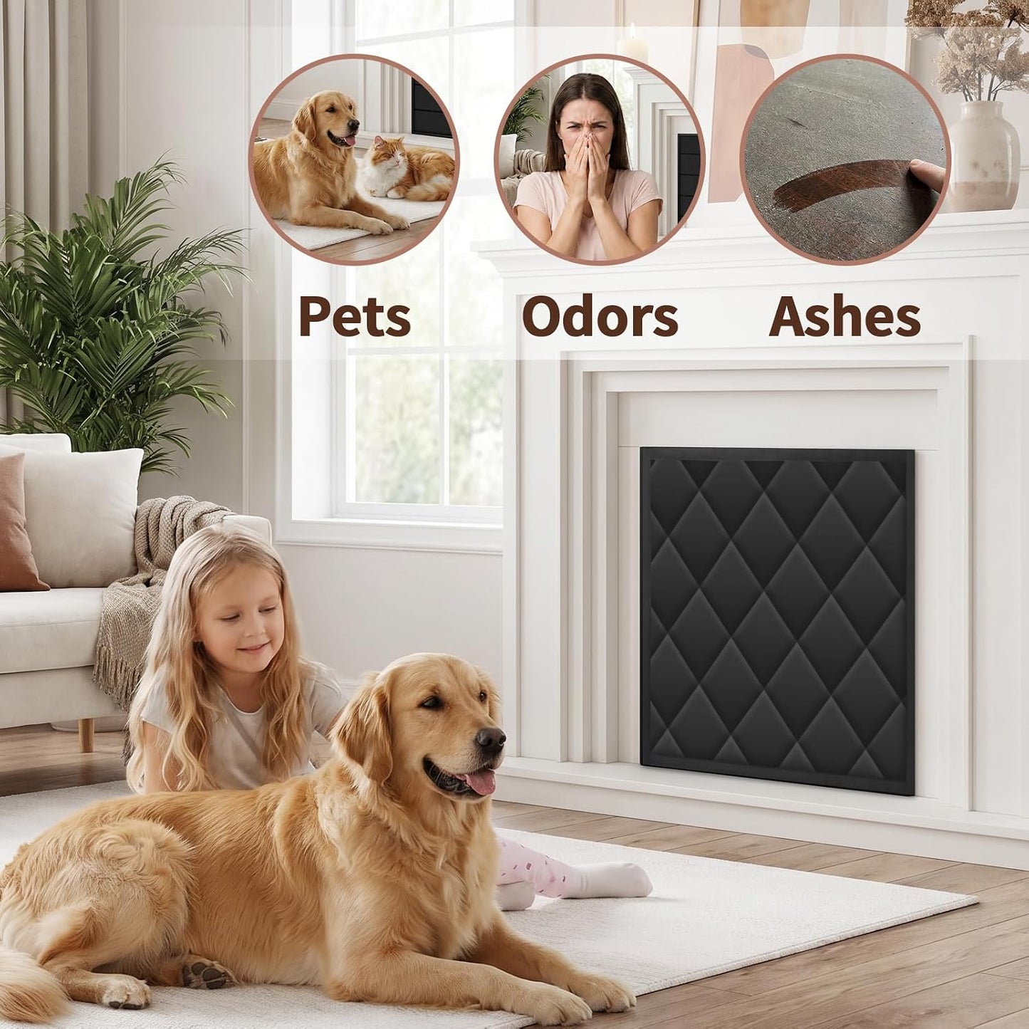 Fireplace Draft Cover, Fireplace Blocker Blanket with Hook and Loop Tapes, Indoor Fire Place Draft Stopper for Heat Loss Insulation Black 39" W x 32" H