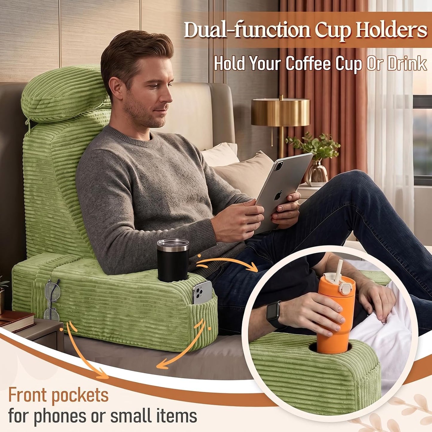 Reading Pillow/Backrest Pillow with Arms, Cup Holder & Phone Pocket | Bed Rest Pillow with Adjustable Headrest, Corduroy Fabric for Back Support in Bed/Sofa/Floor (Off-White, 19 INCH)