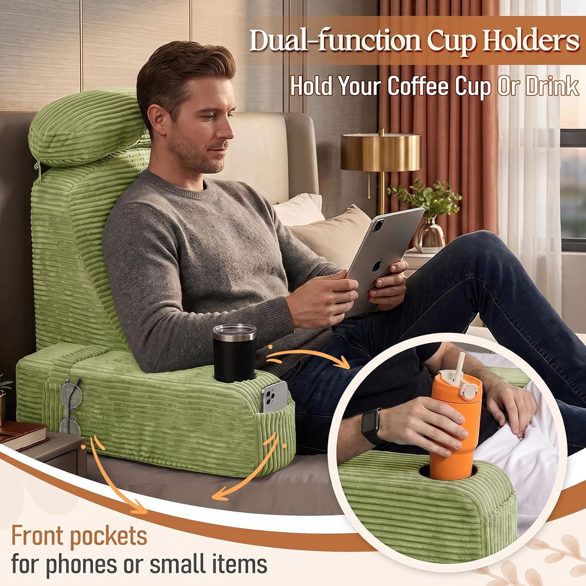 Reading Pillow/Backrest Pillow with Arms, Cup Holder & Phone Pocket