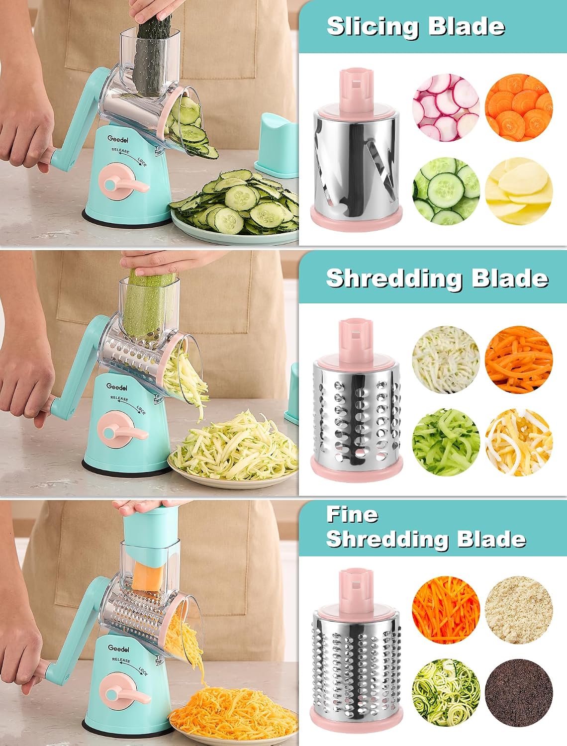 Geedel Rotary Cheese Grater, Kitchen Mandoline Vegetable Slicer with 3 Interchangeable Blades, Easy to Clean Rotary Grater Slicer for Fruit, Vegetables, Nuts | 3 Blades, 430 Stainless Steel, 12x Fast Cutting, Strong Suction Base, No BPA, Dishwasher Safe,