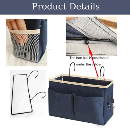Bedside Caddy Bedside Hanging Storage Basket Multi-Function Organizer Caddy for Bunk and Hospital Beds Dorm Rooms Bed Rails, Can be Placed Glasses Books Mobile Phones（Navy Blue）