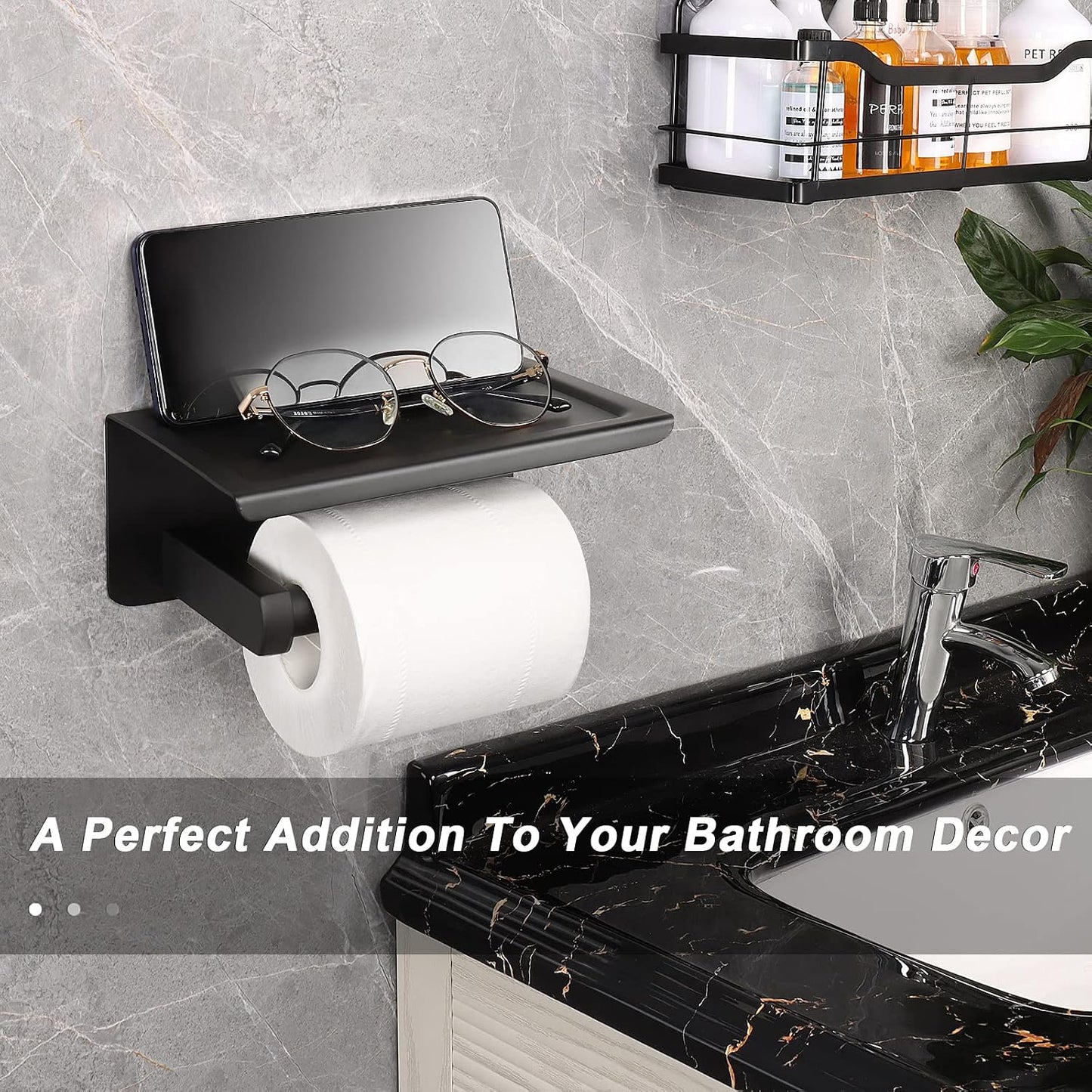 NearMoon Toilet Paper Holder with Shelf, Heavy Duty Bath Toilet Roll Holder with Phone Shelf Tissue Hanger for Bathroom/Kitchen No Drill or Wall Mounted(304 Stainless Steel, Brushed Gold)