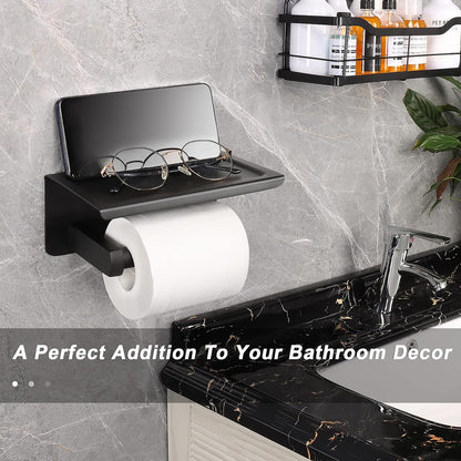 NearMoon Toilet Paper Holder with Shelf, Heavy Duty Bath Toilet Roll Holder with Phone Shelf Tissue Hanger for Bathroom/Kitchen No Drill or Wall Mounted(304 Stainless Steel, Brushed Gold)