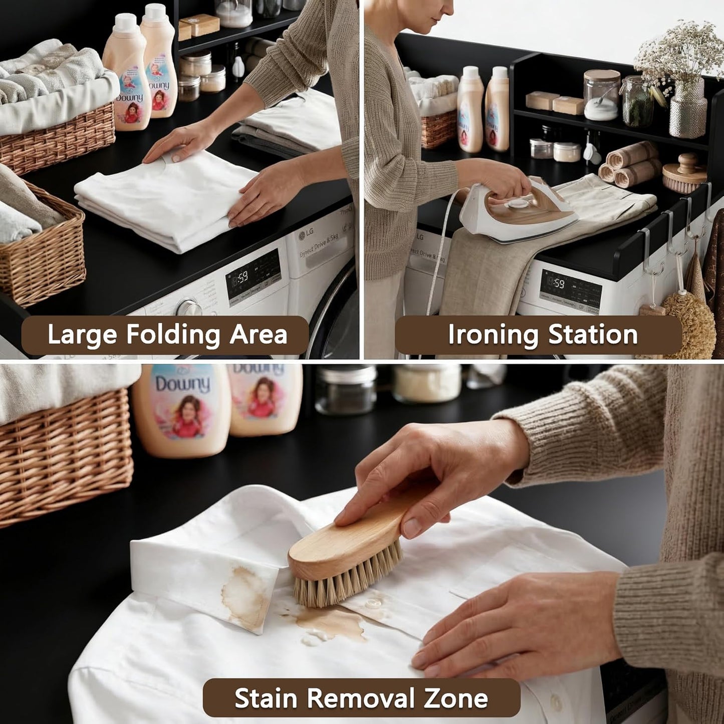 2-Tier Washer Dryer Countertop with Shelves & Metal Hooks, 27" W x 27.5" D Large Laundry Topper for Room Organization & Folding Clothes & Storage(Oak)