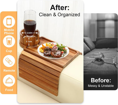 Couch Cup Holder - 3 in 1 Sofa Arm Tray with 360° Rotating Cup Holder & Phone Stand,Arm Chair Rest Table Fits Various of Large Width Couches Armrest,Anti-Slip Foldable Couch Tray for Drinks