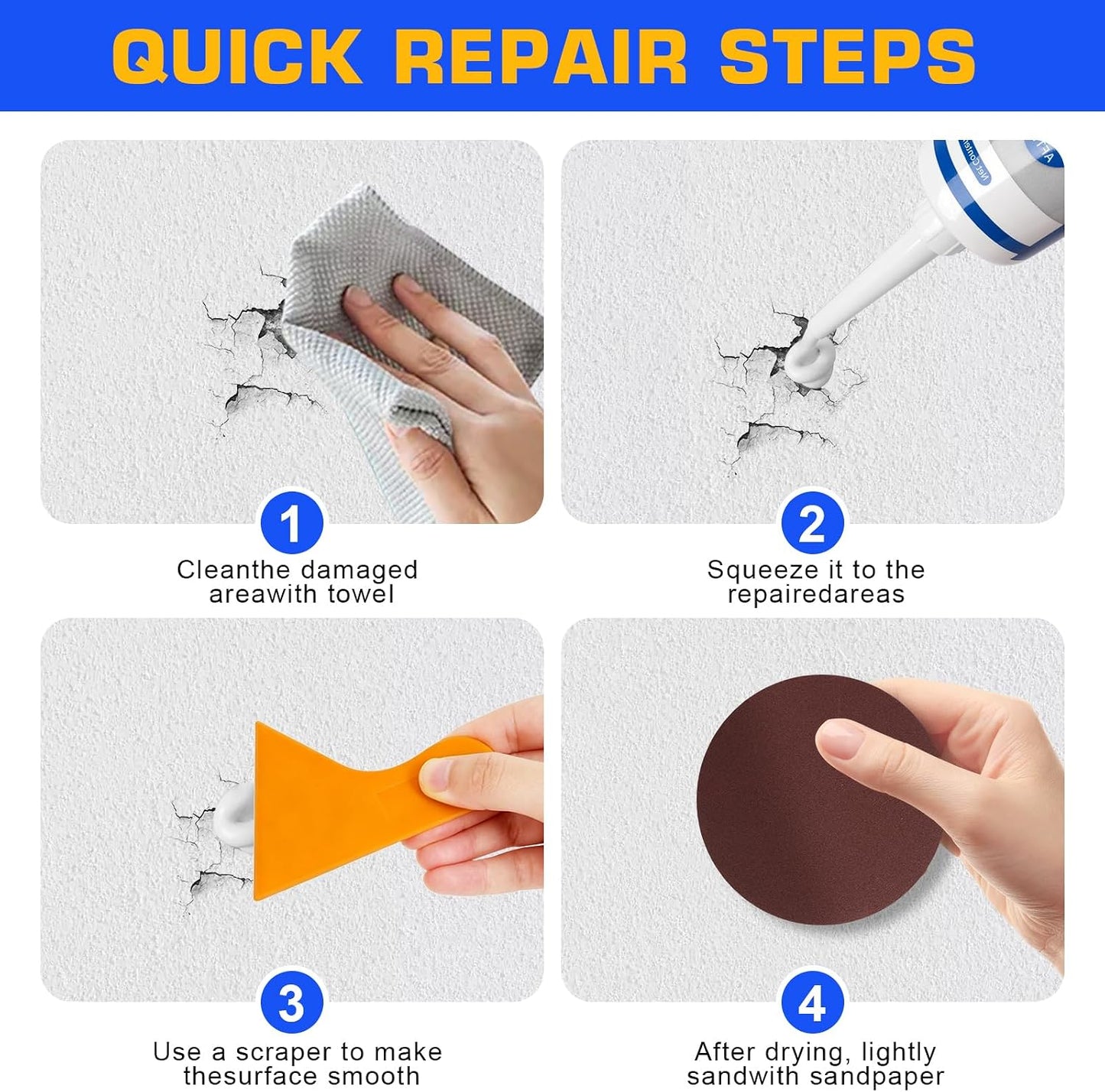Drywall Repair Kit 2 Pack, 8.8 oz Each Wall Repair Putty Paste | White wall repair paste and putty kit with aluminum patches and tools for drywall holes, cracks and wall surface repair.