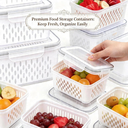 6 Packs Large Fruit Containers, Fridge Organizer Bins | Plastic Airtight Food Storage Containers with Removable Colander for Berries, Fruits, Vegetables, Salad