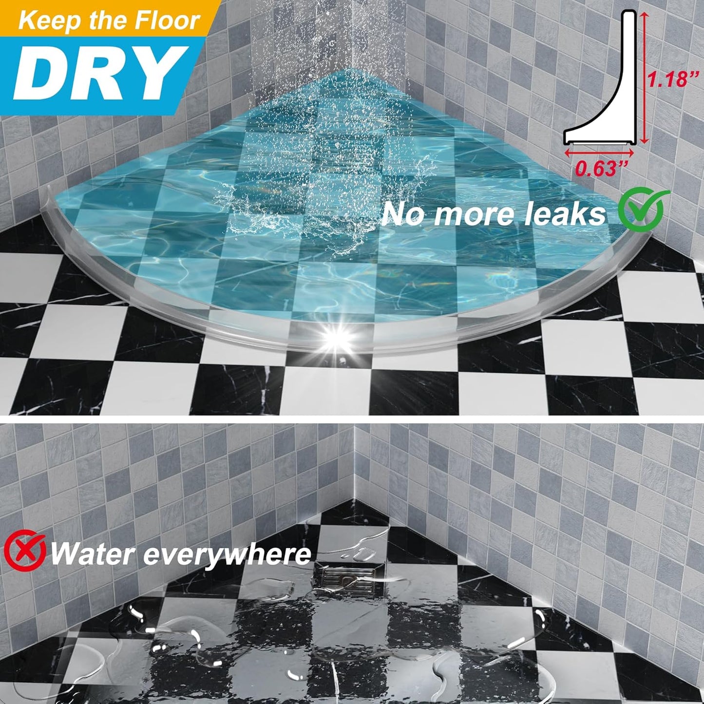 39" Shower Threshold Water Dam Silicone Shower Water Guard Collapsible Shower Door Bottom Seal Shower Splash Guard for Wet and Dry Separation