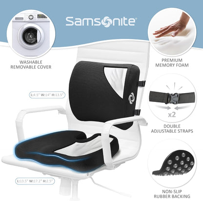 Samsonite Lumbar Support Pillow for Office Chair, Lower Back Support for Car, Back Pillow Desk Chair Cushion with Memory Foam, Improved Posture Backrest
