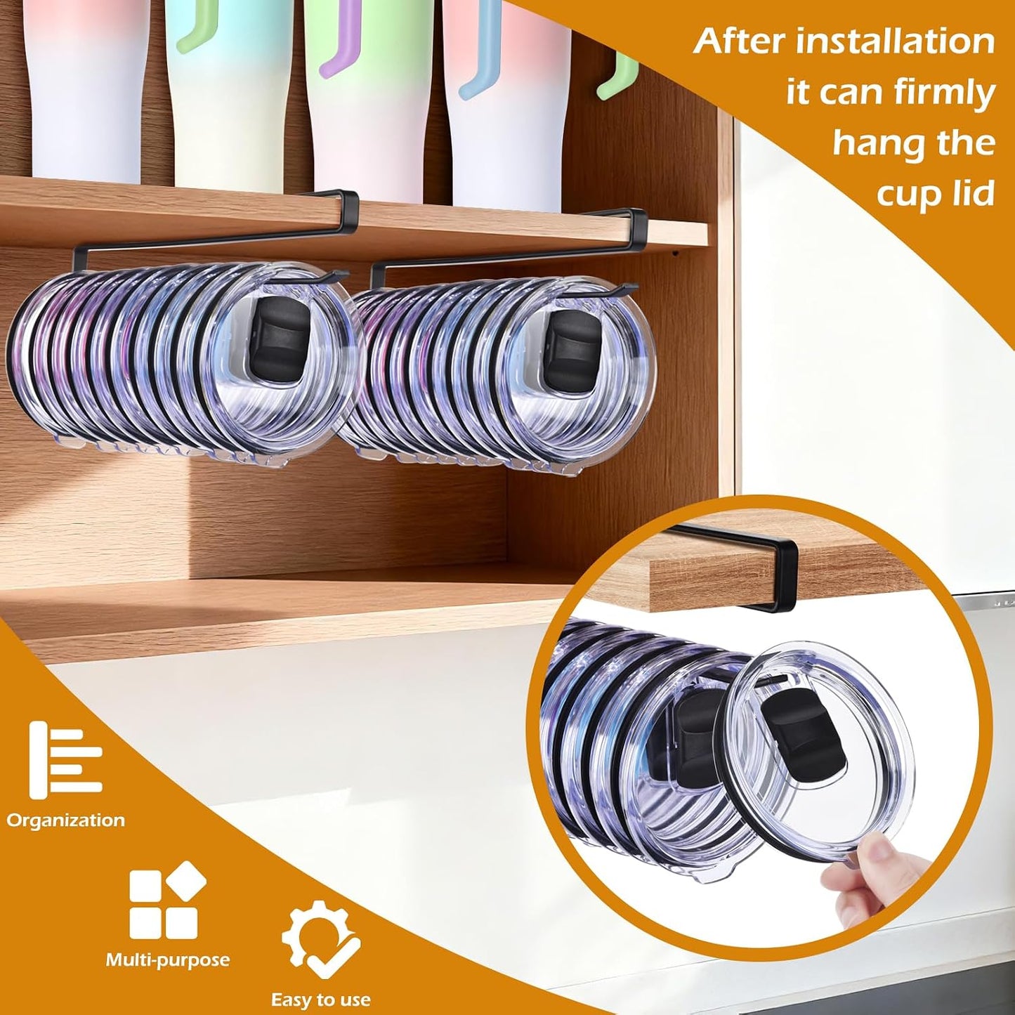 LWGFIO 2 Pack Tumbler Lid Organizer, Under Cabinet Cup Lid Holder, Black | Iron racks, 10.24-inch length, slide onto shelves, no drilling or adhesive, space-saving kitchen storage inside cabinets
