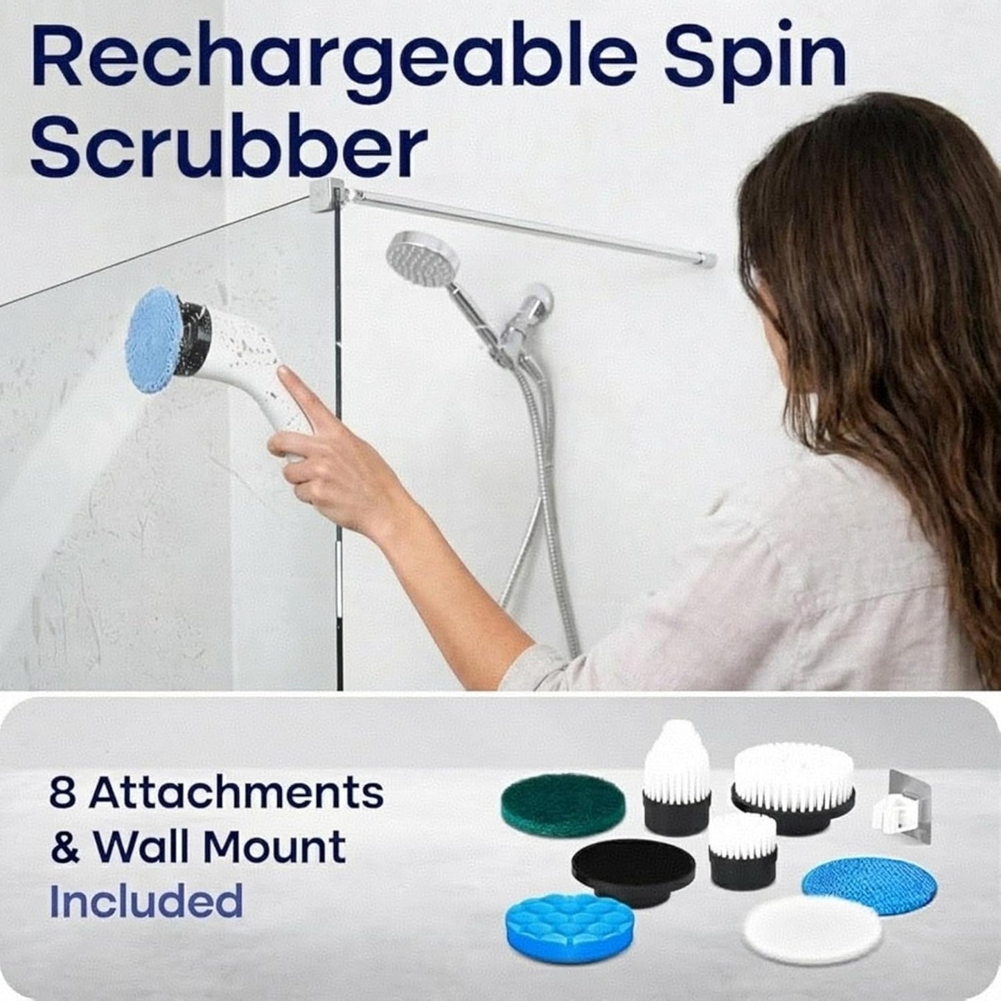 Electric Spin Scrubber for Cleaning with 7 Replaceable Heads | Adjustable Shower Brush with LED Display, 2 Speed Waterproof Cordless Shower Scrubber for Bathtub, Kitchen, Car, White
