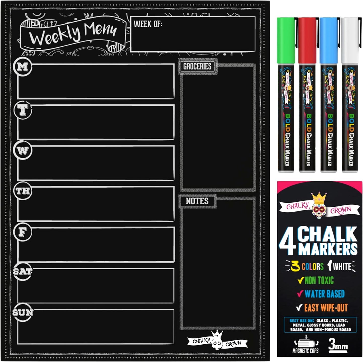 CHALKY CROWN Magnetic Dry Erase Menu Board - Black - 15.6" x 11.6" | Magnetic Weekly Meal Planner & Grocery List for Fridge - Includes 4 Liquid Chalk Markers - Easy to Write & Wipe Clean Design