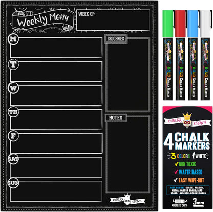 CHALKY CROWN Magnetic Dry Erase Menu Board - Black - 15.6" x 11.6" | Magnetic Weekly Meal Planner & Grocery List for Fridge - Includes 4 Liquid Chalk Markers - Easy to Write & Wipe Clean Design
