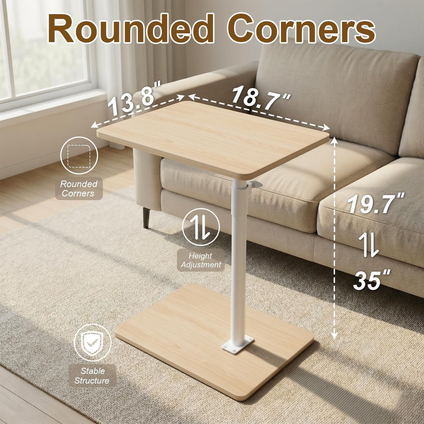 YUHFERA Sofa Armrest Tray Table for Couch - 360° Swivel Height Adjustable End for Small Spaces, Snack Side Table for Bed or Chair with Phone & Tablet Slot (Rustic,Standard)