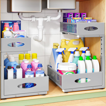 Under Sink Organizer, 2-Pack Pull Out Cabinet Organizer 2 Tier Metal Slide Out Storage Shelf Rack, L-Shaped Adjustable Height,Mesh Sliding Drawer for Kitchen, Bathroom, Laundry, Pantry, White, XL