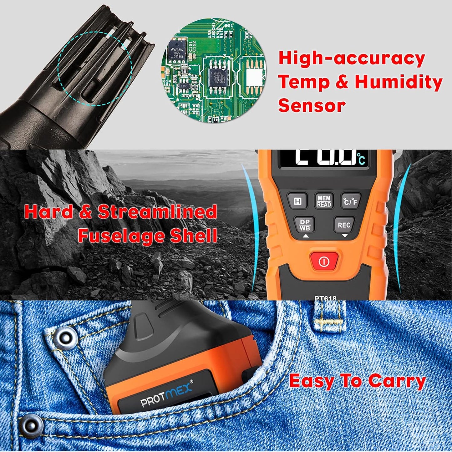 PT6508 Temperature Humidity Meter - Wet Bulb for Indoor/Outdoor | Digital Thermometer Hygrometer Monitor with Ambient, Dew Point, MIN, MAX, Data Hold, LCD Backlight