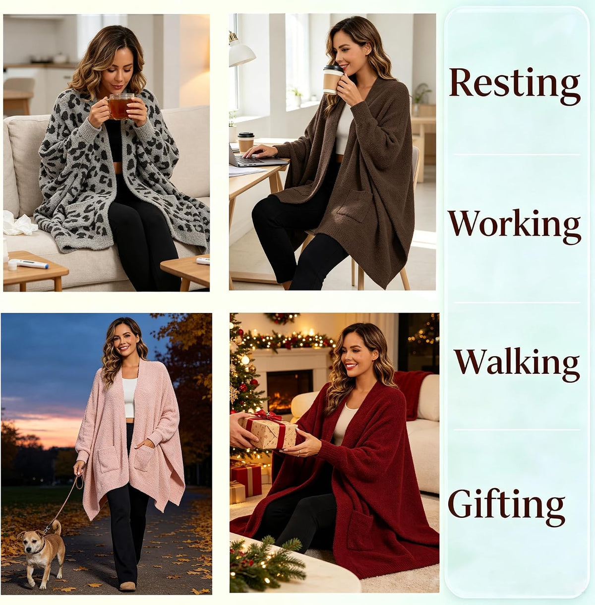 Wearable Blanket Sherpa Poncho Unique Office Work Warm Cozy Shawl TV Throw Blankets, Plush Cape Wrap for Adults