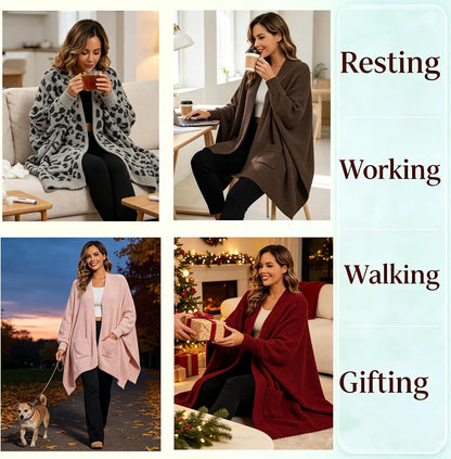 Wearable Blanket Sherpa Poncho Unique Office Work Warm Cozy Shawl TV Throw Blankets, Plush Cape Wrap for Adults